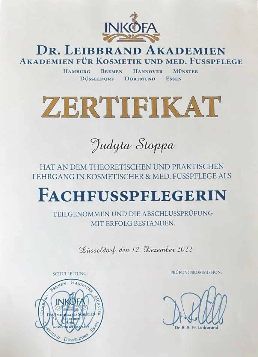 Zertifikat Fachfußpflegerin von Judyta Stoppa