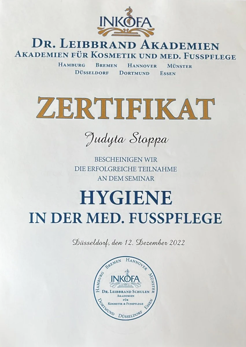 Zertifikat Hygiene in der Fußpflege von Judyta Stoppa