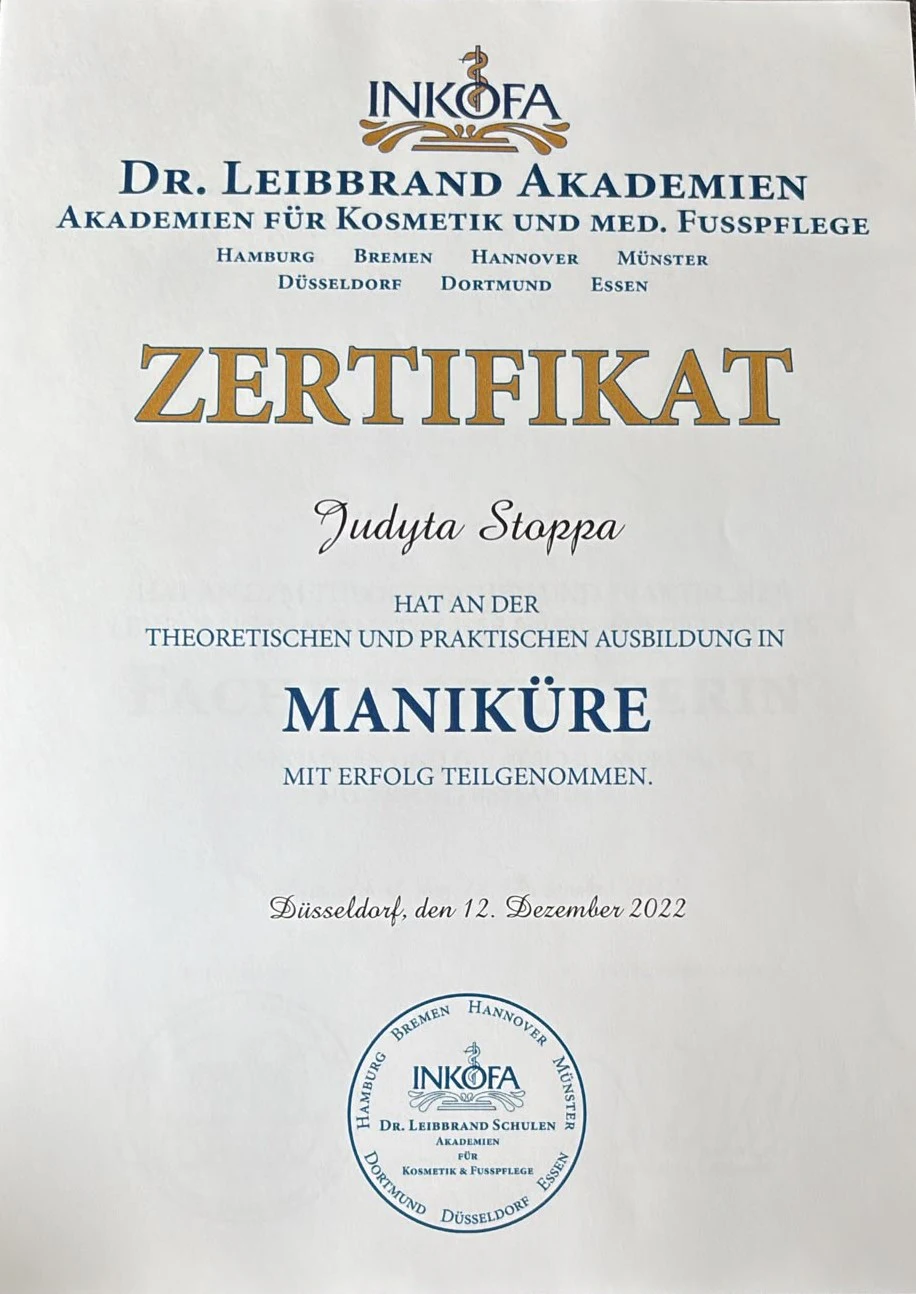 Zertifikat Maniküre von Judyta Stoppa