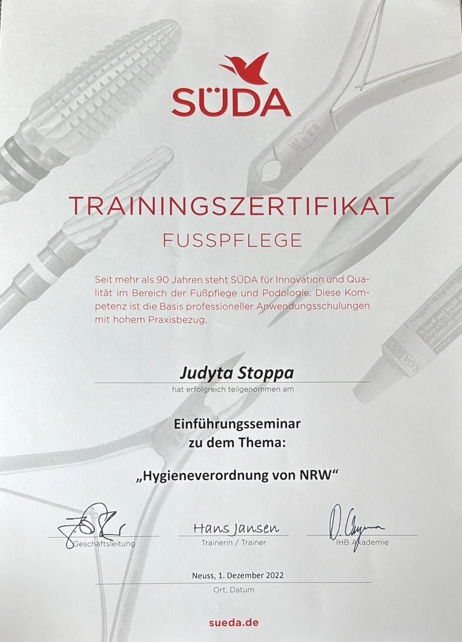 SÜDA Trainingszertifikat Hygieneverordnung NRW von Judyta Stoppa